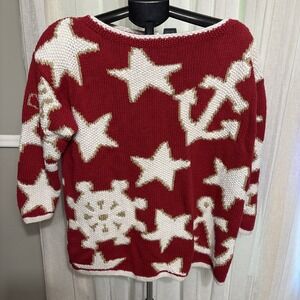 Vtg 90s Y2K Nautical Sweater Women Med Red White Stars Anchors Gold Sailing Boat
